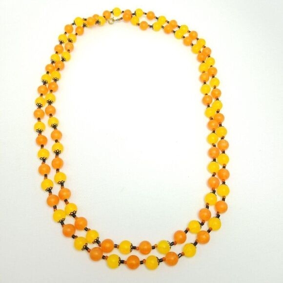 Vintage Long Orange Yellow Plastic Beaded Necklace, Single Strand, 60s Style - Picture 2 of 8